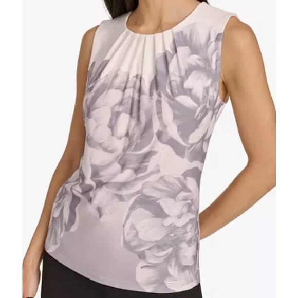Calvin Klein Women's Petite Printed Pleated-Neck Sleeveless Top in Gray Multi - Picture 1 of 3